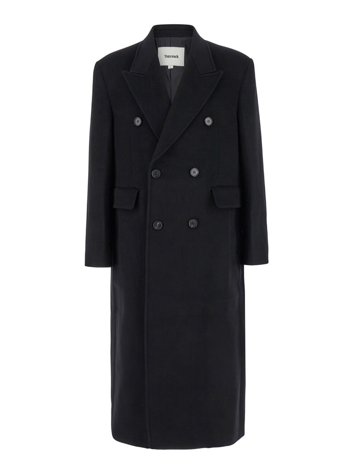 Black Double-Breasted Coat With Pointed Revers Wool And Cashmere Man Nylon