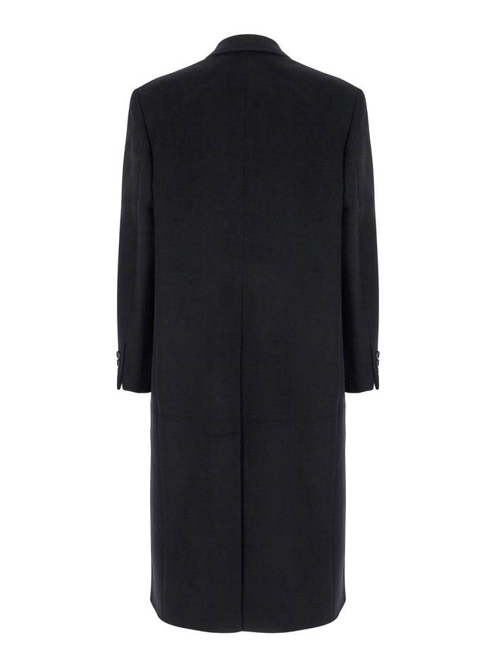 Black Double-Breasted Coat With Pointed Revers Wool And Cashmere Man Nylon