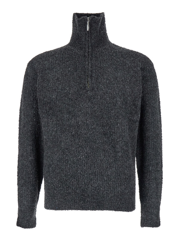Grey High Neck Sweater With Zip Recycled Polyester Tops