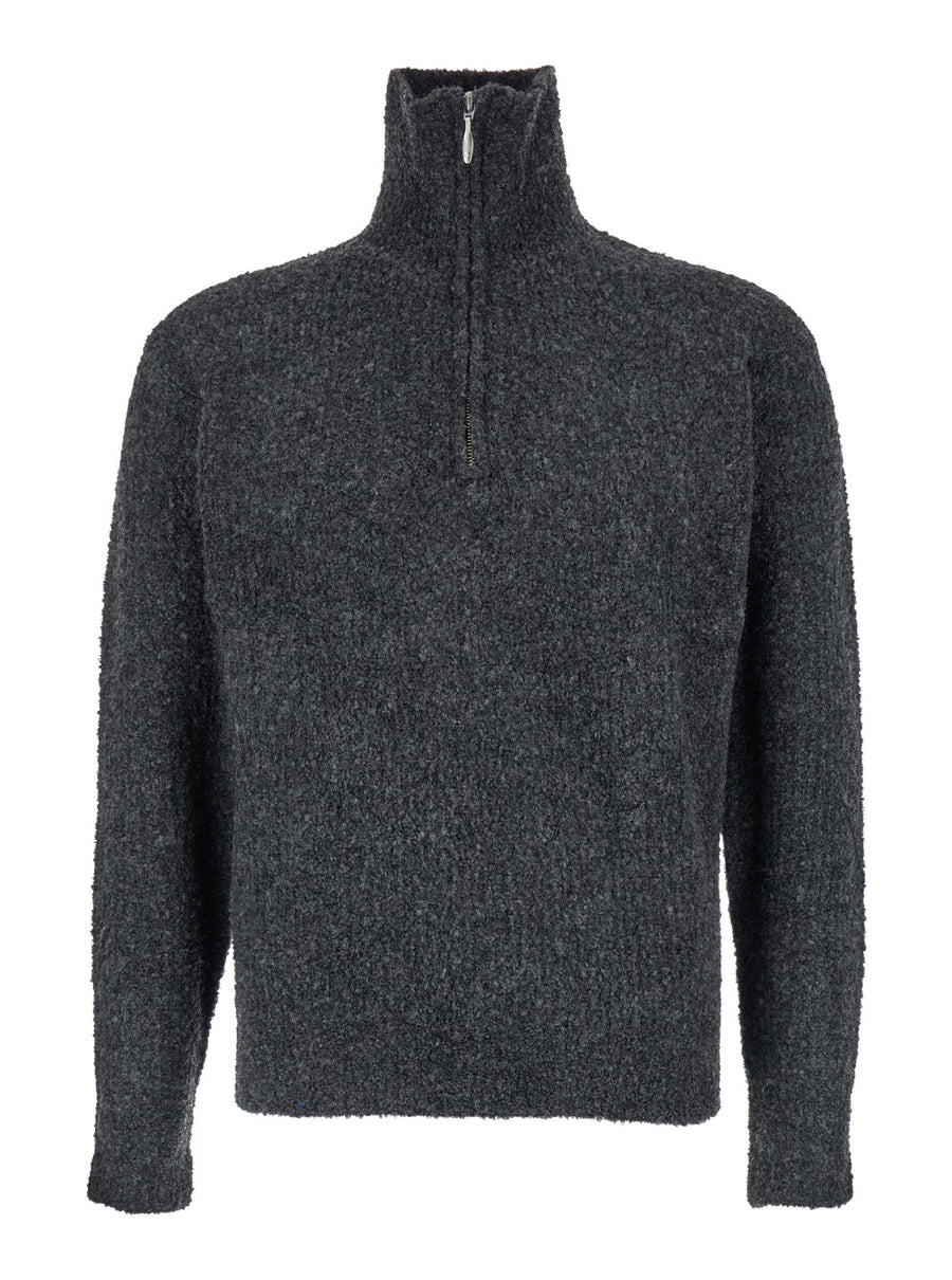 Grey High Neck Sweater With Zip Recycled Polyester Tops