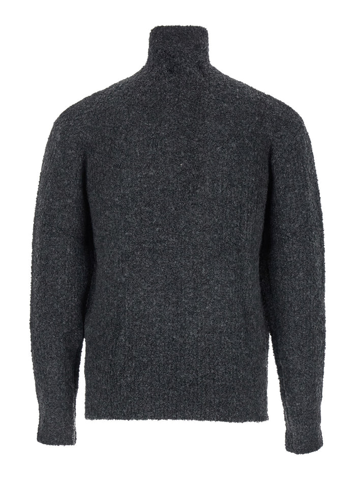 Grey High Neck Swater with Zip in Wool Blend Man Jersey