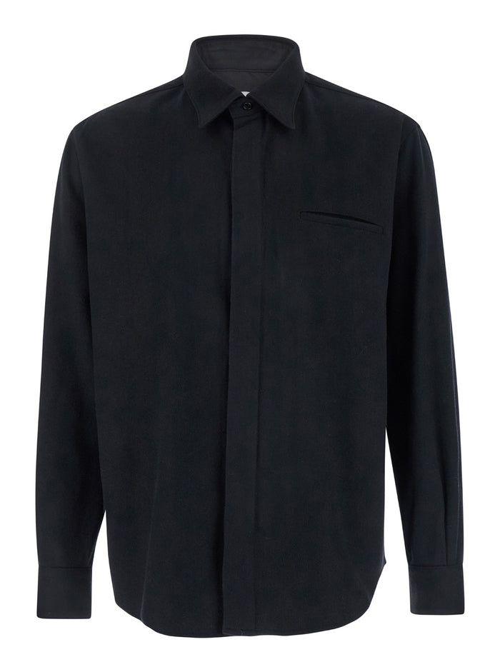 Black Shirt With Hidden Placket Wool Man And Blouses