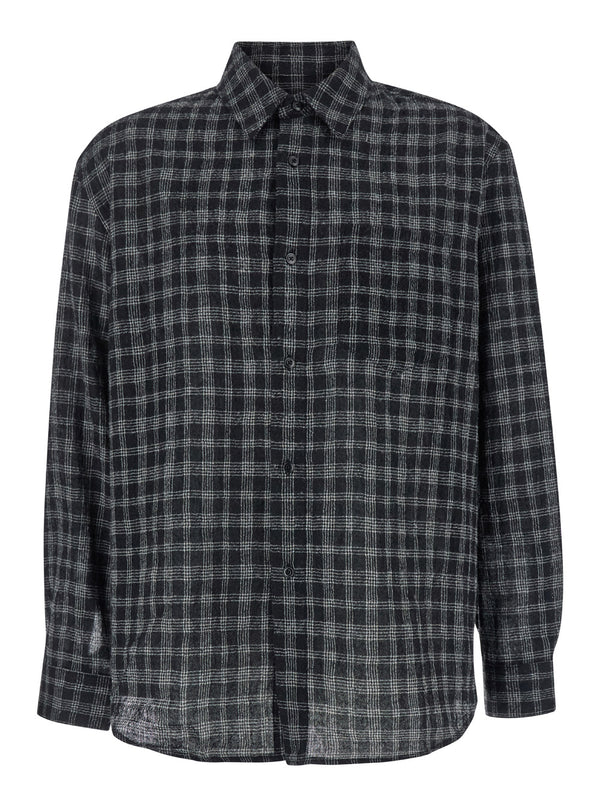 Black Shirt With Check Motif Wool