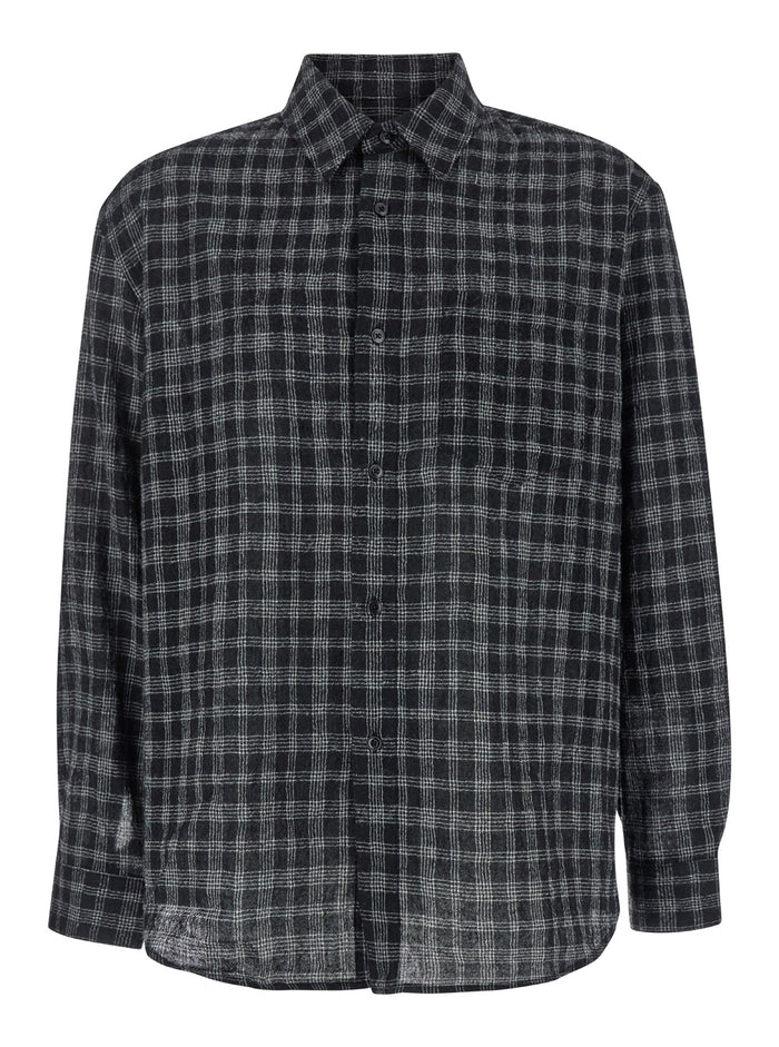 Black Shirt with Check Motif in Wool Blend Man Nylon And Blouses