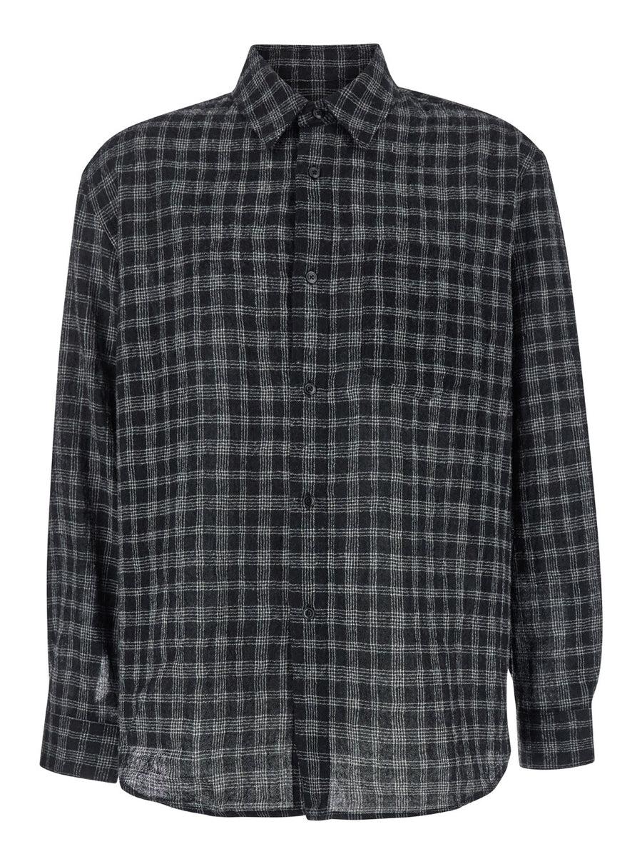 Black Shirt With Check Motif Wool