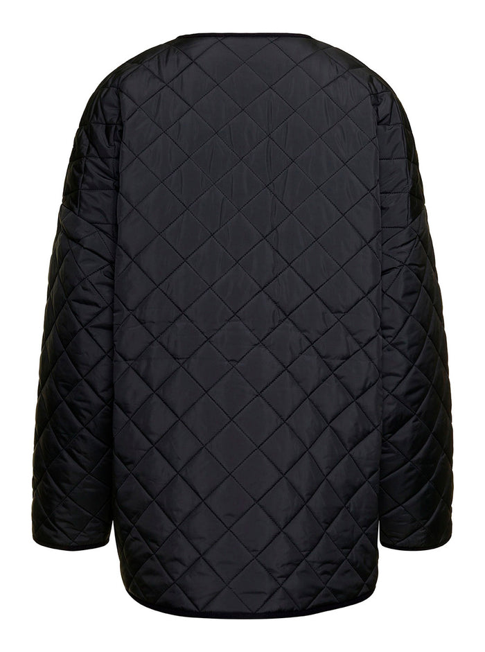Black Quilted Jacket With Round Neckline Recycled Fabric Woman Polyester