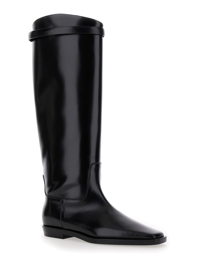 The Riding Boot Black Knee-High With Embossed Logo Leather Woman