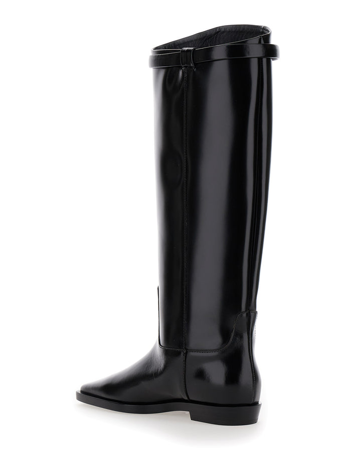 The Riding Boot Black Knee-High With Embossed Logo Leather Woman