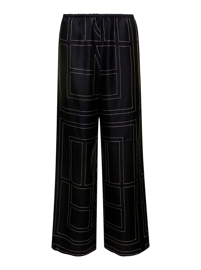 Black Loose Pants With Monogram Print Silk Woman Trousers