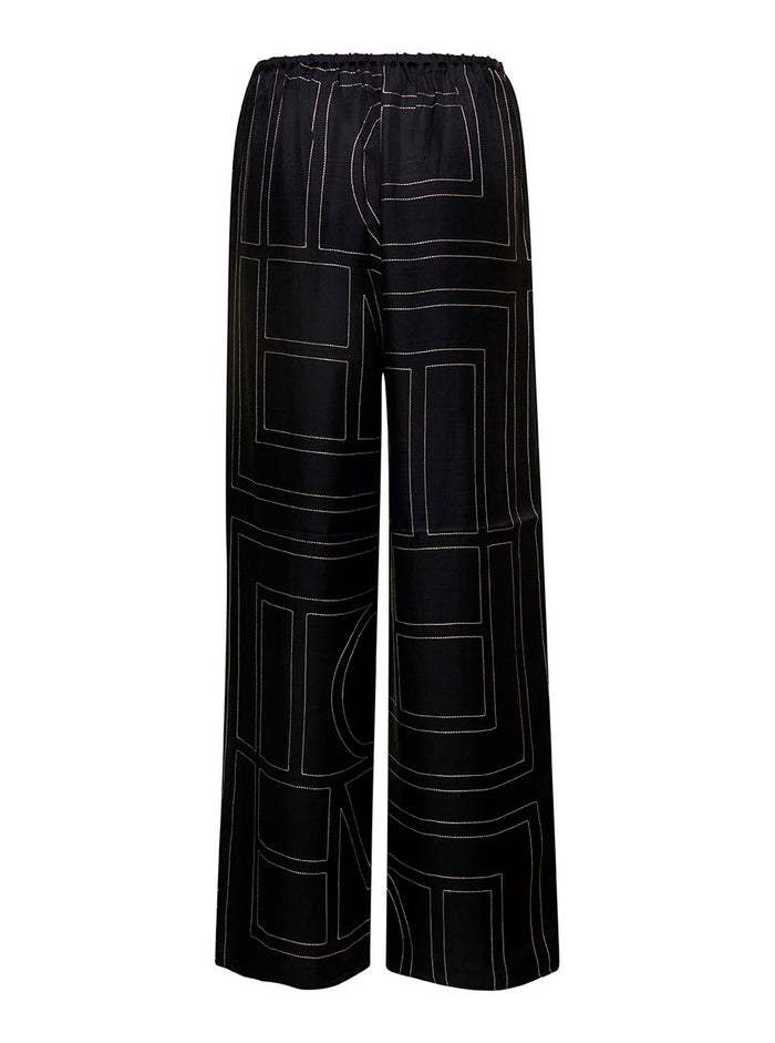Black Loose Pants With Monogram Print Silk Woman Trousers