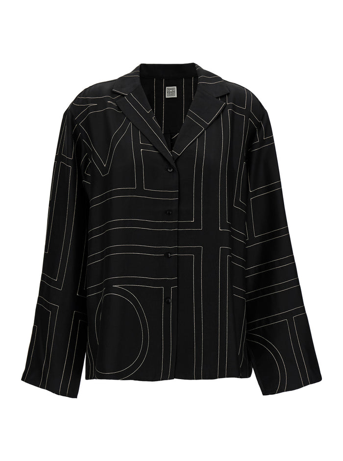 Black Shirt With All-Over Monogram Print Silk Woman And Blouses