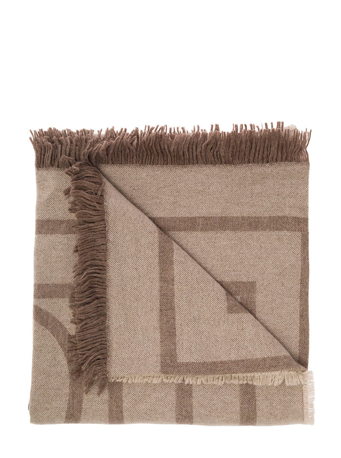 Beige Scarf With Monogram Print Wool And Cashmere Woman Brown Scarfs Foulards