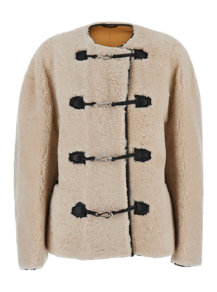 Teddy Beige Crewneck Shearling Jacket With Clasp Closure On The Front And Leather Woman Lamb Furs
