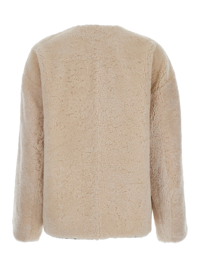 Teddy Beige Crewneck Shearling Jacket With Clasp Closure On The Front And Leather Woman Lamb Furs