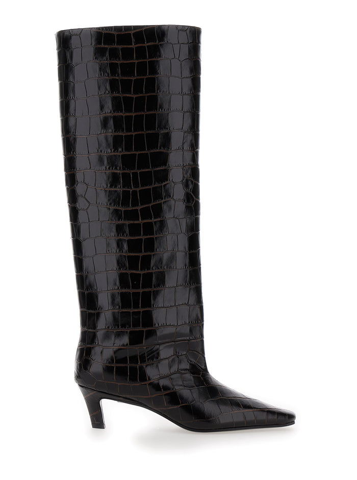The Wide Shaft Brown Pull-On Boots With Low Heel Crocodile-Embossed Leather Woman Vitello