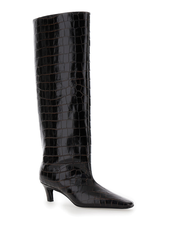 The Wide Shaft Brown Pull-On Boots With Low Heel Crocodile-Embossed Leather Woman Vitello