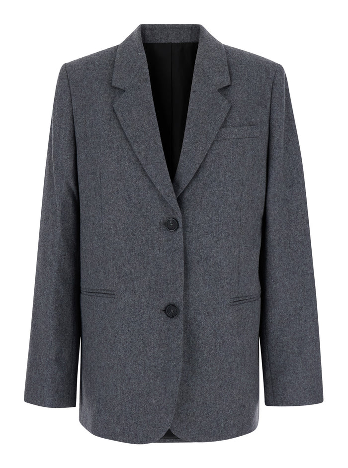 Grey Single-Breasted Jacket With Notched Revers Wool Blend Woman Blazers
