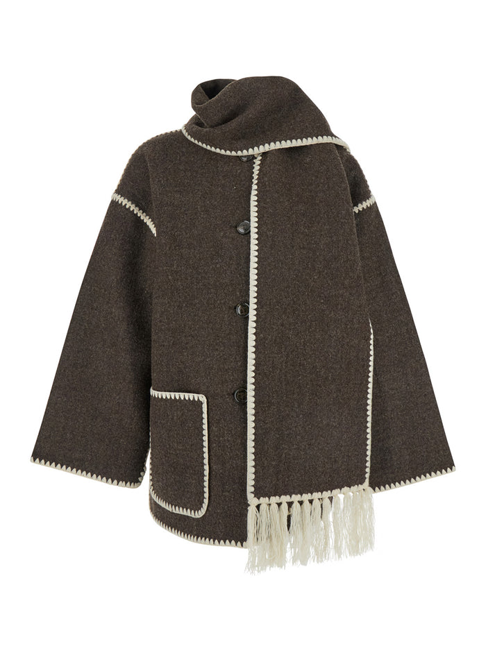 Embroidered Scarf Jacket Brown Wool Polyester