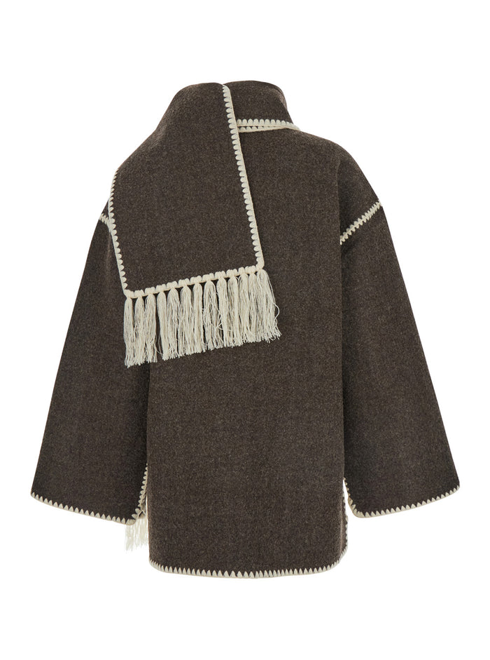 Embroidered Scarf Jacket Brown Wool Polyester