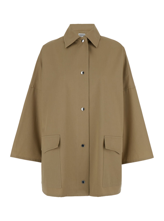 Beige Overshirt Jacket With Snap Buttons Cotton Twill Woman Organic
