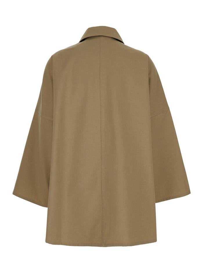Beige Overshirt Jacket With Snap Buttons Cotton Twill Woman Organic