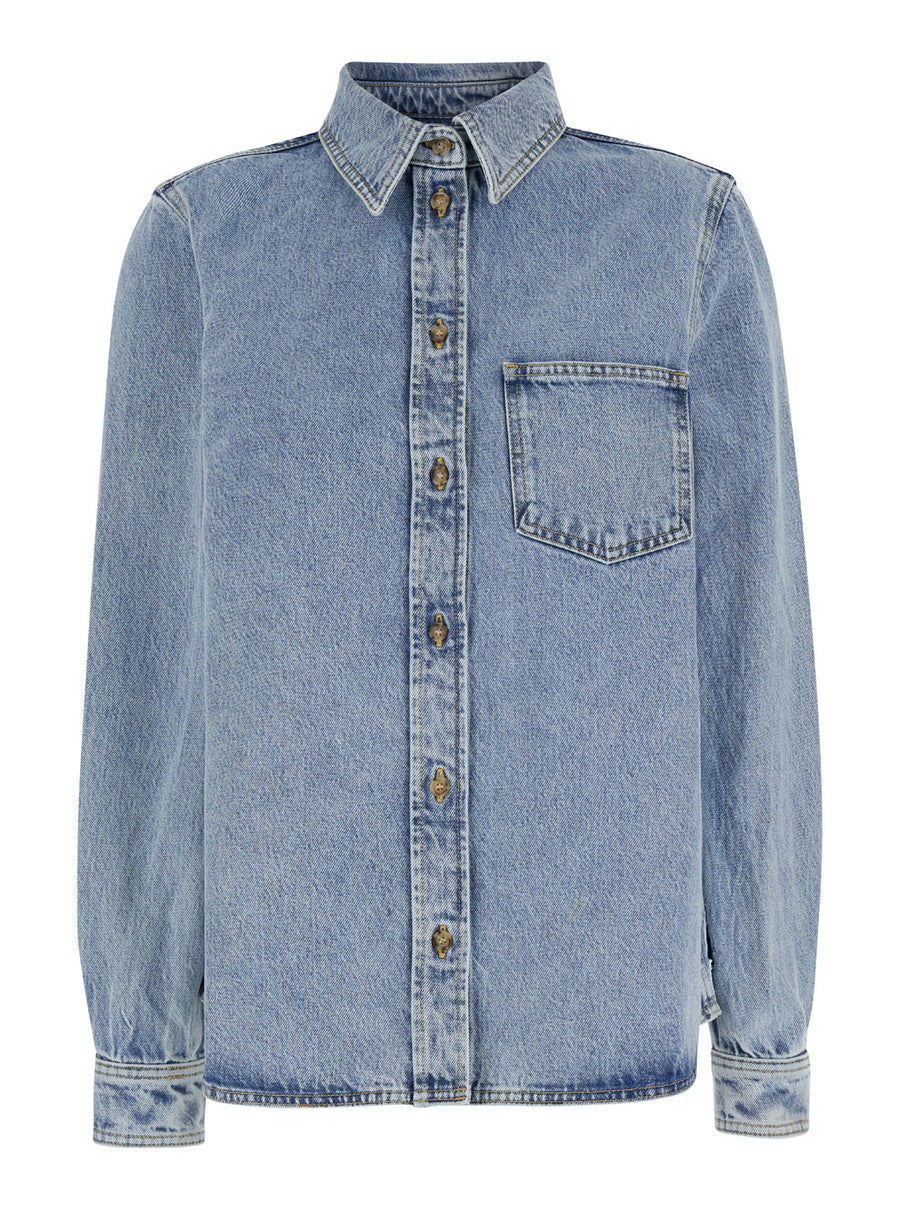 Light Blue Denim Shirt With Patch Pocket Blouses