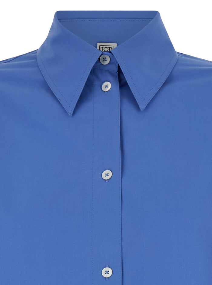 Oversized Blue Shirt With Pointed Collar Fabric Woman Blu And Blouses
