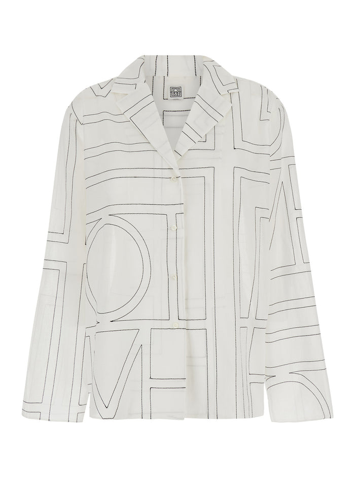 White Shirt With Cuban Collar And Monogram Silk Woman Blouses