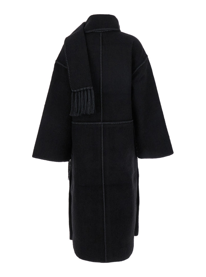 Black Coat With Scarf And Embroidered Details Wool Blend Woman