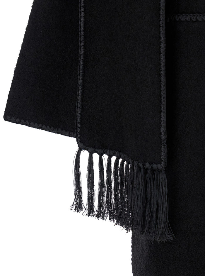 Black Coat With Scarf And Embroidered Details Wool Blend Woman