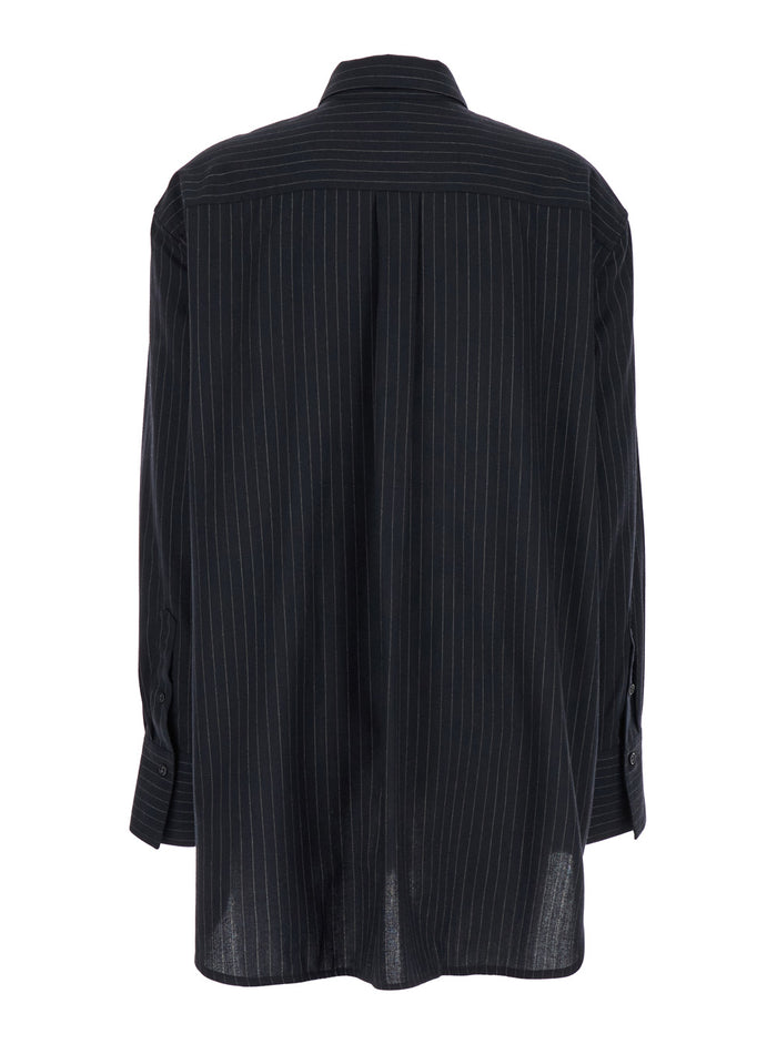 Black Shirt With Striped Patterns Wool Blend Woman Blu Viscose Polyamide And Blouses