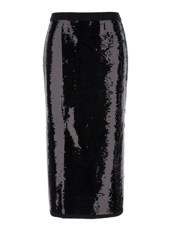 Black Midi Skirt With Sequins All-Over in Technical Fabric Woman Acrilic Wool Polyamid