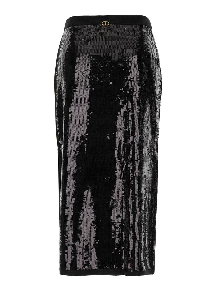 Black Midi Skirt With Sequins All-Over in Technical Fabric Woman Acrilic Wool Polyamid