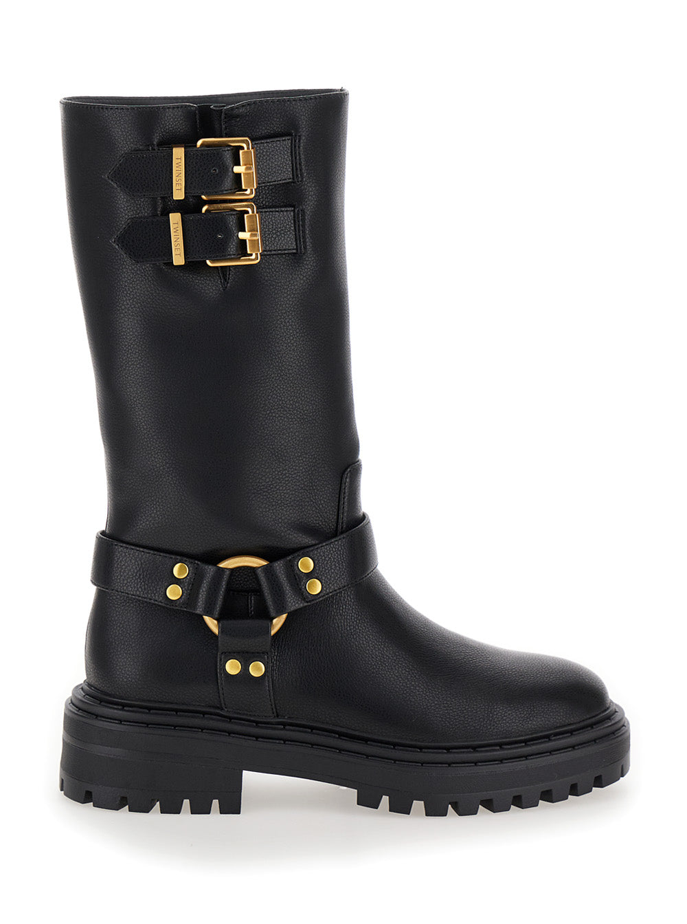 Black Ankle Boots With Logo Buckles Eco-Leather Woman Polyurethane