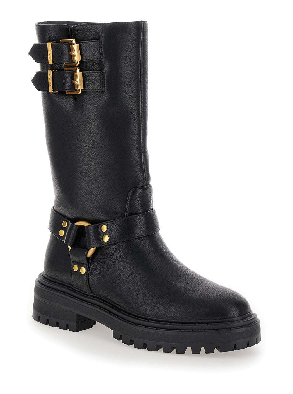 Black Ankle Boots With Logo Buckles Eco-Leather Woman Polyurethane