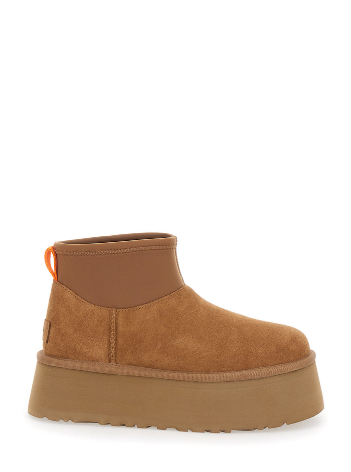 Brown Ugg Classic Mini Dipper Ankle Boots With Fabric Insert Suede Woman Beige Leather