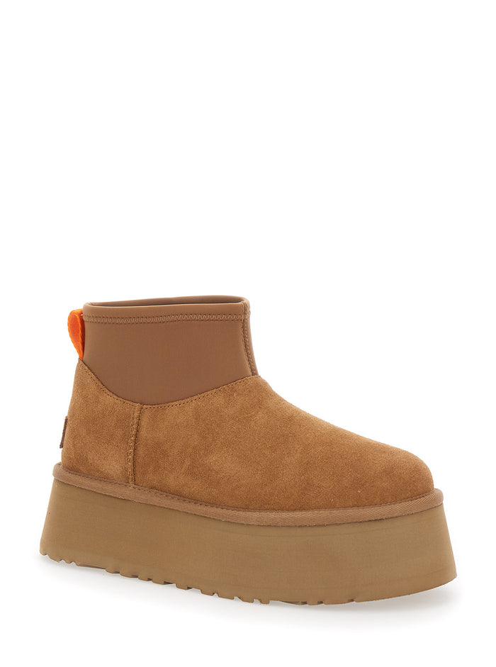 Brown Ugg Classic Mini Dipper Ankle Boots With Fabric Insert Suede Woman Beige Leather