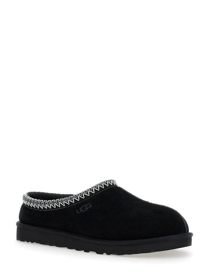 Tasman Black Plaited Hem Mules Suede Woman Leather Flat Shoes