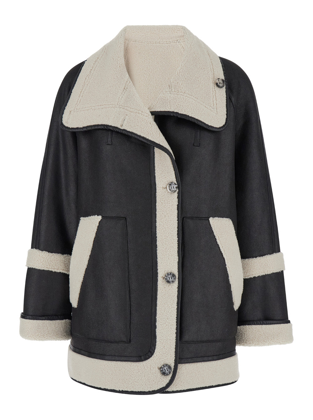 Black Single-Breasted Shearling Jacket Ecoleather Woman Polyester And Furs
