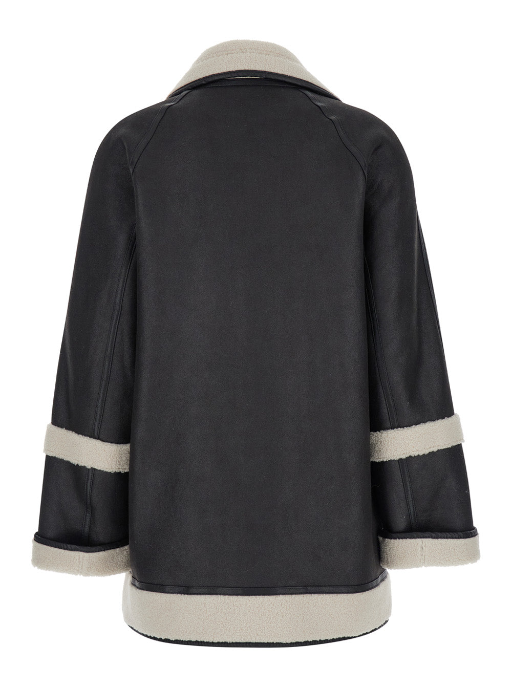 Black Single-Breasted Shearling Jacket Ecoleather Woman Polyester And Furs