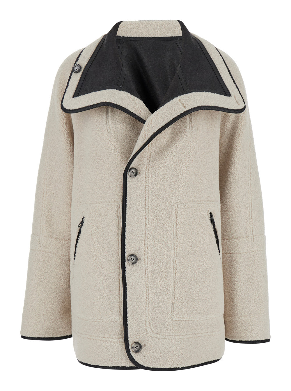 Black Single-Breasted Shearling Jacket Ecoleather Woman Polyester And Furs