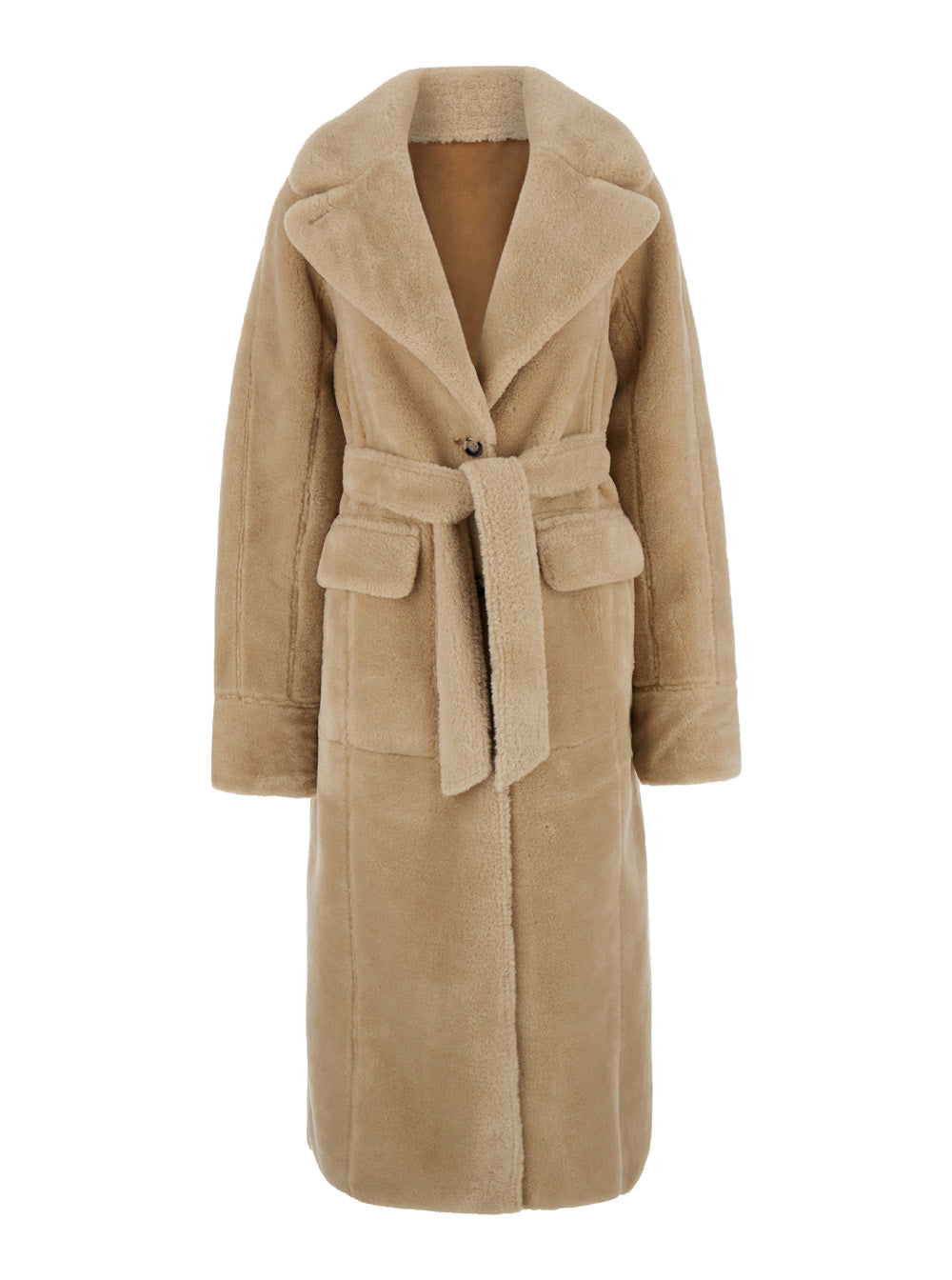 Beige Single-Breasted Shearling Jacket With Notched Revers Ecofur Woman Polyester And Furs