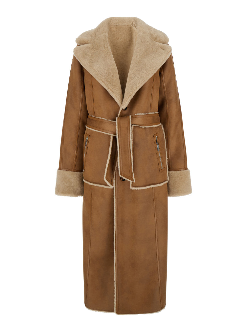 Beige Single-Breasted Shearling Jacket With Notched Revers Ecofur Woman Polyester And Furs