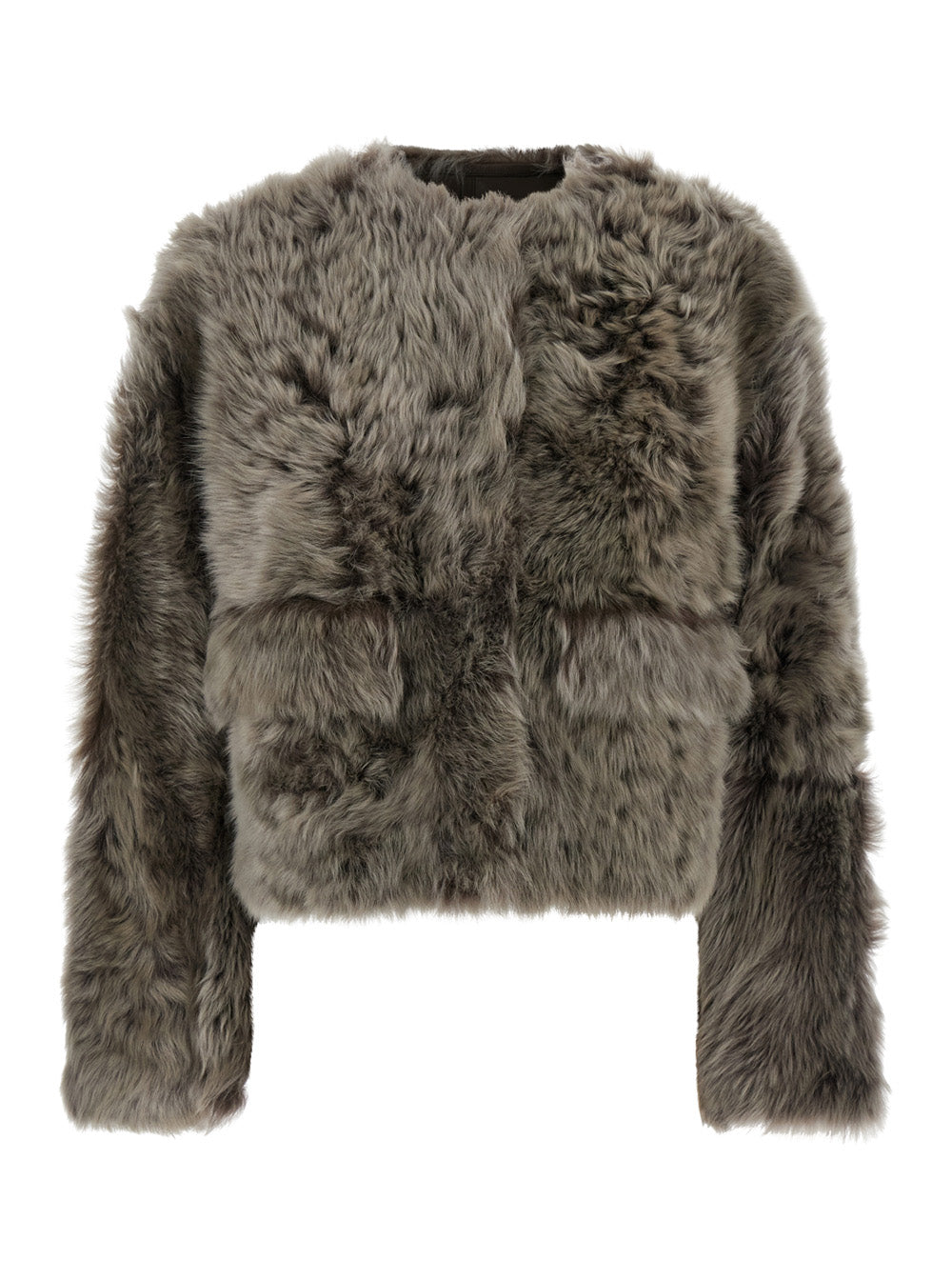 Grey Cropped Fur With Flap Side Pockets Lambskin Woman Lamb Shearling Jackets And Furs