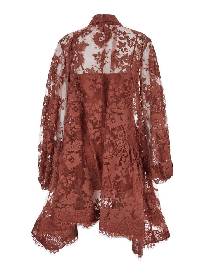 Illustration Bordeaux Lace Short Dress With Knot Closure Cotton Blend Woman Nylon