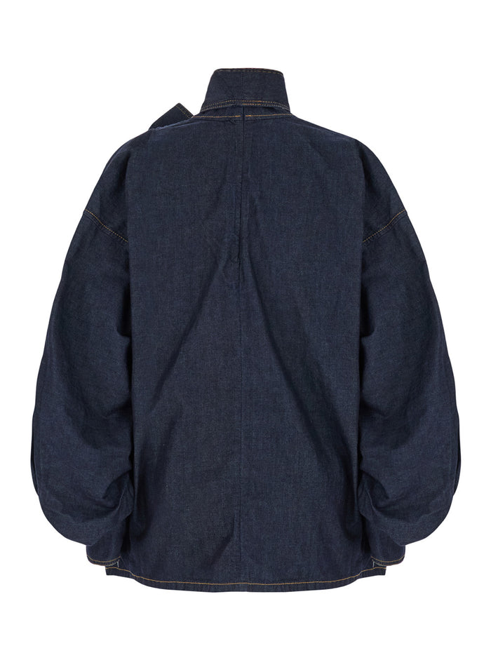 Blue Denim Illustration Blouse With Front Bow Cotton Woman Blu Shirts And Blouses