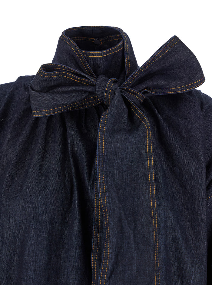 Blue Denim Illustration Blouse With Front Bow Cotton Woman Blu Shirts And Blouses