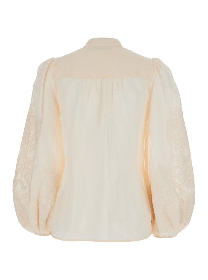 White Blouse With Embroidery And Puffed Sleeves Linen Woman Beige Shirts Blouses