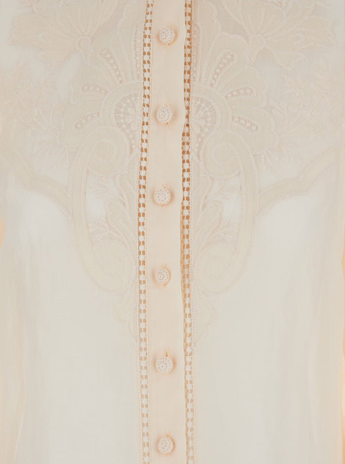 White Blouse With Embroidery And Puffed Sleeves Linen Woman Beige Shirts Blouses
