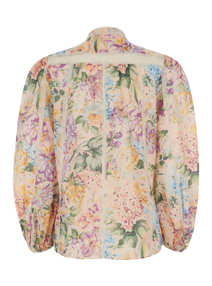 Multicolor Shirt With Lace Trim And Floreal Print Cotton Woman Blouses